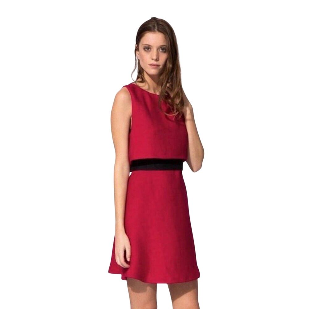 Maje Rituel Sheer Midriff Crepe Dress Cerise Pink Sleeveless Flared Zip Size 3 L